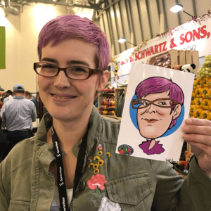 purple hair caricature at trade show